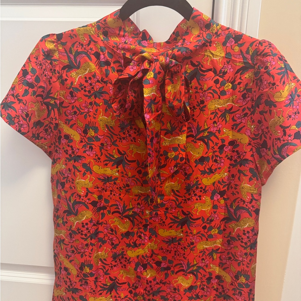 J. Crew Vibrant Red Blouse with Animal Motif - Picture 4 of 4